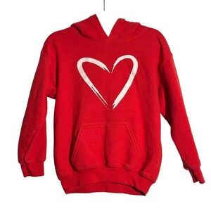 Gildan Red Heavy Blend Youth Hoodie White Heart Graphic Long Sleeve Pocket XS